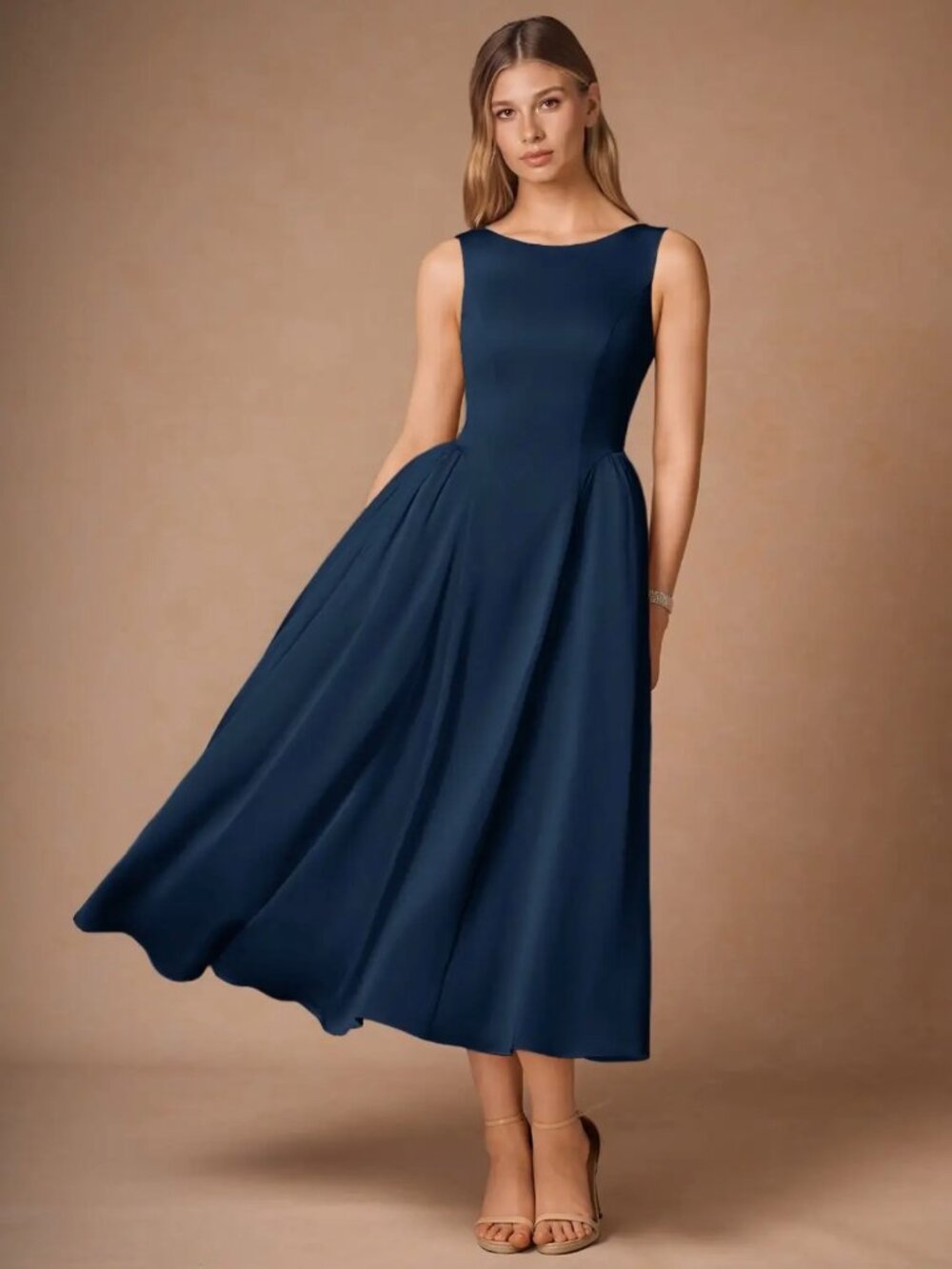 Navy Satin Midi Dress